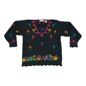Vintage Christie‎ Brooks Sweater Large Black Embroidery Floral Cardigan